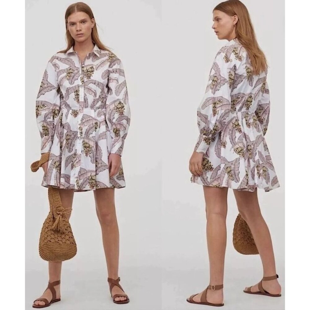 Desmond & Dempsey x H&M White Banana Print Balloon Sleeve Dress  Size Small